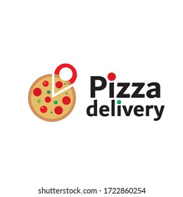 Pizza making and delivery service logotype concept. Stylized pizza and map pin elements. Editable EPS vector