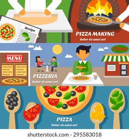 Pizza making horizontal banners set with pizzeria building menu and  ingredients flat isolated vector illustration 
