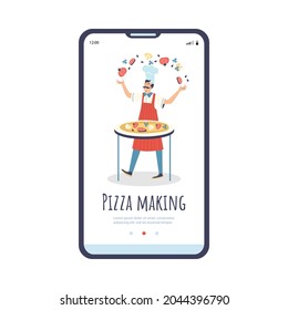 Pizza making onboarding page template with cook cartoon character, flat vector illustration. Italian cuisine and pizza restaurant mobile start page mockup.