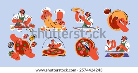 Pizza making steps set. Processes in pizzeria kitchen. Preparing of Italian fastfood, food. Chopping vegetable, cooking dough, add sauce, filling, baking, cutting. Flat isolated vector illustrations