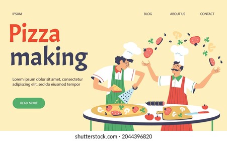 Pizza making web banner with characters of italian chef cooks cooking, flat vector illustration. Pizza restaurant or cooking masterclass website page template.