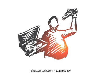 Pizza, man, fat, obesity, food, diet concept. Hand drawn fat man eating unhealthy food pizza concept sketch. Isolated vector illustration.