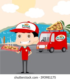 Pizza man and Truck Vector