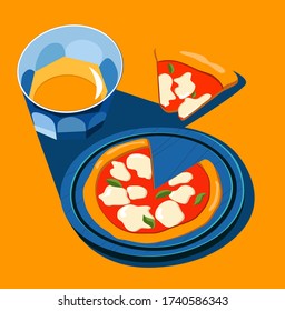 Pizza margarita with glass of juice. Vector eps 10 illustration 