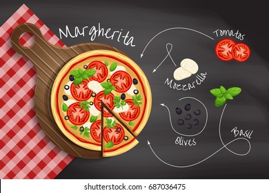 Pizza "Margarita" on the chalkboard background with the ingredients for the pizza: mozzarella, olives, greenery and mushrooms. Pizza recipe. Vector illustration 