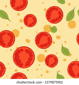 Pizza Margarita seamless pattern. Mozzarella, Cheese, Basil, Tomato. Illustration for backgrounds, card, posters, banners, textile prints, cover, web design. Eat healthy. Vector icons.