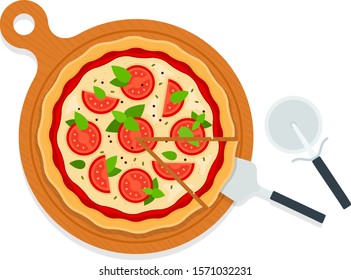 Pizza Margarita with tomatoes, mozzarella, pepper, and basil on a wooden board. Pizza knife and spatula flat single icon vector isolated on white