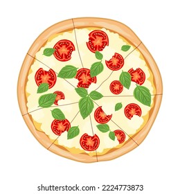 Pizza Margarita top view. Italian fast food. Italy snack with tomato, basil leaves and mozzarella cheese.Tasty meal, fast food icon. Flat vector illustration isolated on white background