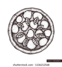 Pizza Margherita hand drawn sketch. Vector food drawing. Engraving style Pizza with spicy salami. Italian kitchen illustration.