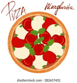 Pizza Margherita image on white background with handwritten caption. Vector illustration  eps 10