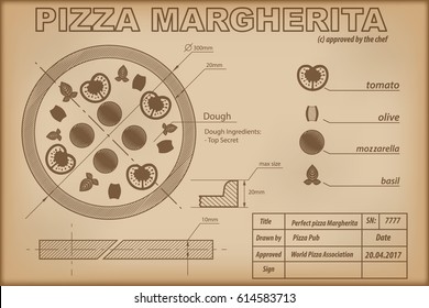 Pizza Margherita ingredients draw scheme on paper. Print background composition for menu and posters. Creative concept of Modern design. Vector Illustration