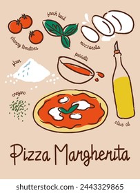 Pizza Margherita, cartel de cocina italiana con ingredientes. Dibujado a mano, vintage.