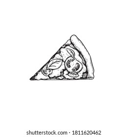 Pizza Margherita (Margarita) piece. Top view. Hand drawn sketch style drawing. Traditional Italian fast food. Best for menu designs and packages. Vector illustration.