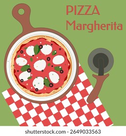 Pizza Margherita on a green background, on a wooden board, pizza knife, Margherita, tablecloth, napkin, Italian food, pizza, mozzarella, cheese, basil, Italy