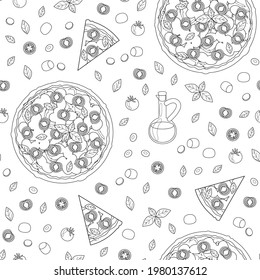 Pizza margherita pattern - seamless background with margarita slice and ingredients on white - pizzeria wallpaper