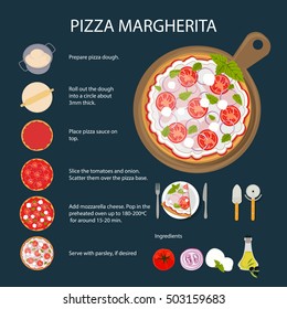 Pizza Margherita recipe. Tasty and fresh italian fast food. Pizza with cheese, tomatoes and herbs.