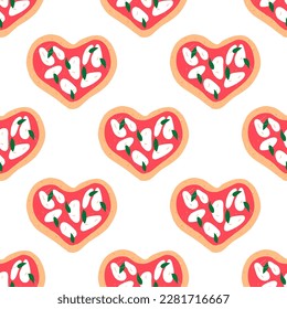 Pizza margherita in shape of heart, Valentines day seamless pattern - flat vector illustration on white background. Delicious Italian pizza with tomato sauce, mozzarella and basil leaves.