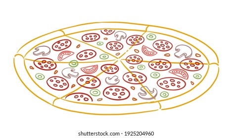 Pizza Margherita. Sketch hand drawn color line illustration. Mushrooms, olives end sausage. Round six slices. Isometric view.