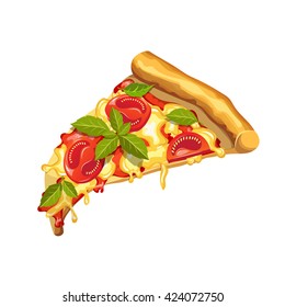 Pizza Margherita. Pizza with tomato, basil, and mozzarella cheese. Slice of pizza on a white background. Vector drawing