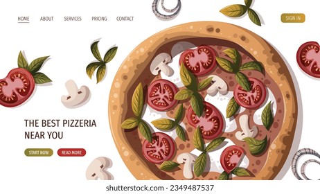 Pizza Margherita with tomatos and mozzarella. Italian cuisine, healthy food, cooking, restaurant menu, eating, recipes concept. Vector illustration for website, menu, banner.