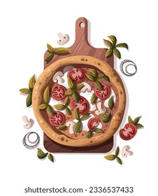 Pizza Margherita with tomatos and mozzarella on the wooden board. Italian cuisine, healthy food, cooking, restaurant menu, eating, recipes concept. Vector illustration for poster, menu, cover, banner.