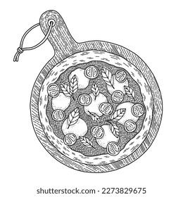 Pizza Margherita top view in hand drawn sketch style. Best for flyers, menu designs, banners, packages and other. 