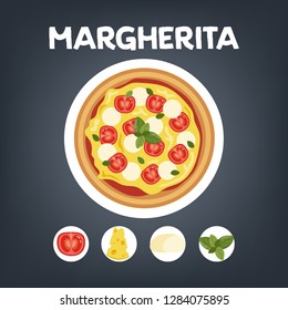 Pizza margherita without meat. Italian vegetarian food with cheese. Isolated flat vector illustration