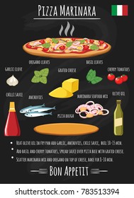 Pizza marinara recipe. Italian pizza with anchovies and seafood cocktail, basil leaves and chili sauce chalkboard poster, vector illustration