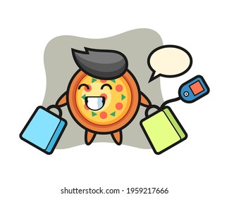 Pizza mascot cartoon holding a shopping bag, cute style design for t shirt, sticker, logo element