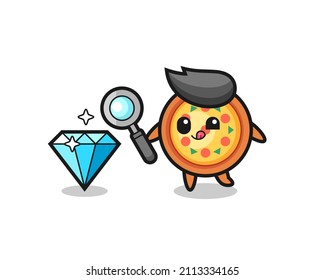 pizza mascot is checking the authenticity of a diamond , cute style design for t shirt, sticker, logo element