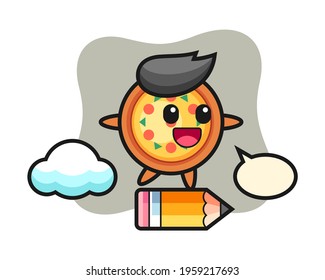 Pizza mascot illustration riding on a giant pencil, cute style design for t shirt, sticker, logo element