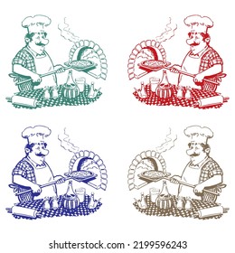 The Pizza Master Bakes Pizza In The Oven Vector Illustration. Traditional Way Of Preparing Pizza
