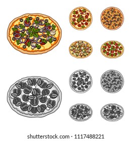 Pizza with meat, cheese and other filling. Different pizza set collection icons in cartoon,monochrome style vector symbol stock illustration web.