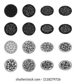 Pizza with meat, cheese and other filling. Different pizza set collection icons in black,monochrome style vector symbol stock illustration web.