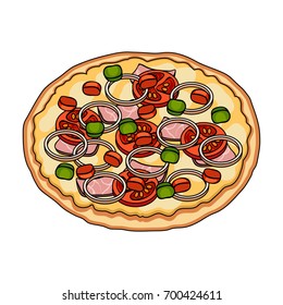 Pizza with meat, cheese and other filling. Different pizza single icon in cartoon style vector symbol stock illustration web.