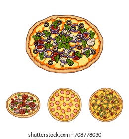 Pizza with meat, cheese and other filling. Different pizza set collection icons in cartoon style vector symbol stock illustration web.
