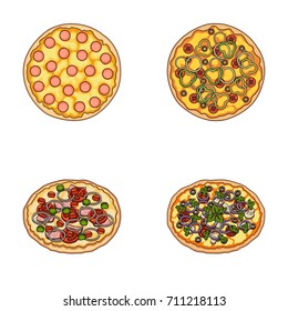 Pizza with meat, cheese and other filling. Different pizza set collection icons in cartoon style vector symbol stock illustration web.