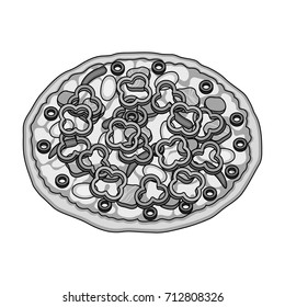 Pizza with meat, cheese and other filling. Different pizza single icon in monochrome style vector symbol stock illustration web.