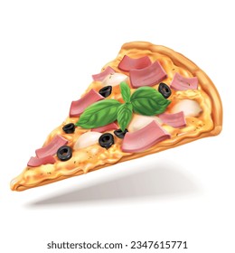 Pizza with meat and cheese slice, realistic vector illustration on white background