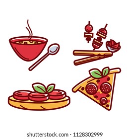 Pizza and meat dishes icons set vector illustration