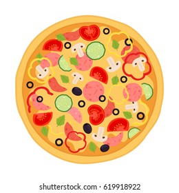 Pizza with meat, pepperoni, tomato, pepper, cucumber, mushroom, olive, basil. Cartoon flat style.