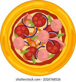 Pizza with meat. Top view, isolated on a white background, vector illustration. Delicious, juicy pizza.