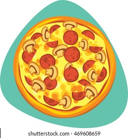 Pizza with melted cheese, mushrooms, bacon and crusty crust. Flat design. Isolated. On green background. Top view.
