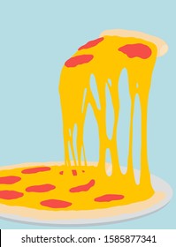 Pizza With Melted Mozzarella And Pepperoni Float In The Air, Flat Pastel Illustration, Icon, Cover Design