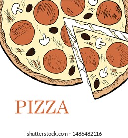 Pizza menu background. Cheese mushroom olive meet drawing hand drawn colorful art design stock vector illustration for web, for print, for restaurant, pizzeria