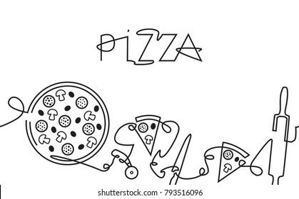 Pizza Menu Background. One Line Style. Pizza Logo. Hand Drawn Pattern. Vector Illustration.