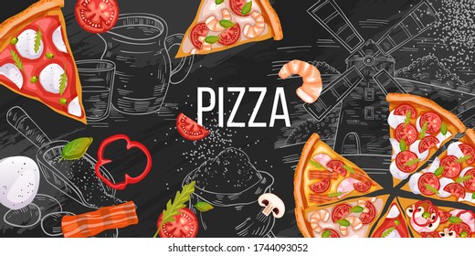 Pizza menu banner with realistic slices, bacon, tomatoes, shrimp, mozzarella on engraving background. Italian food vector illustration with pepperoni, margherita, mushroom on black board. 