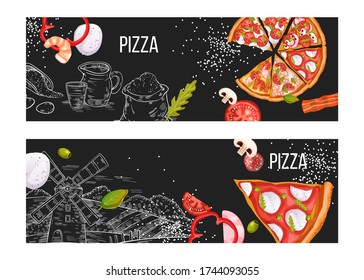 Pizza-Menü-Banner mit realistischen Scheiben, Speck, Tomaten, Garnelen, Mehl, Mozzarella auf Gravur Hintergrund gesetzt. Italienische Lebensmittel Vektor-Illustration mit Pepperoni, margherita, Pilz auf schwarzen Brett. 