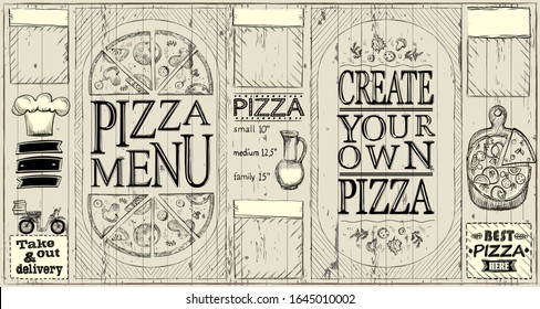 Pizza menu board - create your own pizza, pizza of the day, pizza delivery. Vector menu mock up with place for text