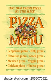 Pizza menu board template, vector illustration with copy space for text